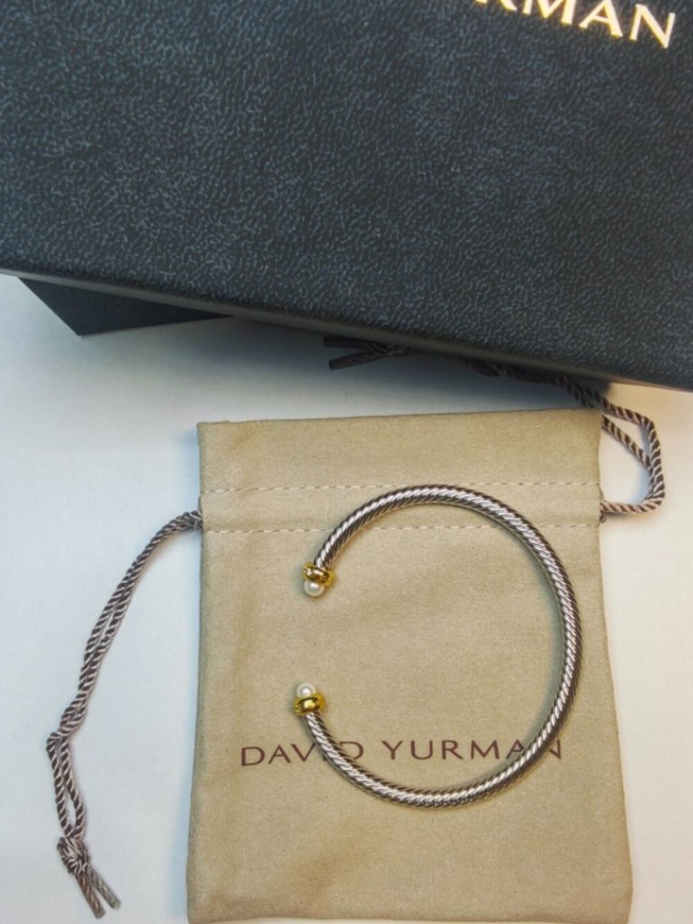 David Yurman Cable Open Cuff Bracelet Two Tone Silver Gold Pearl End Bangle
